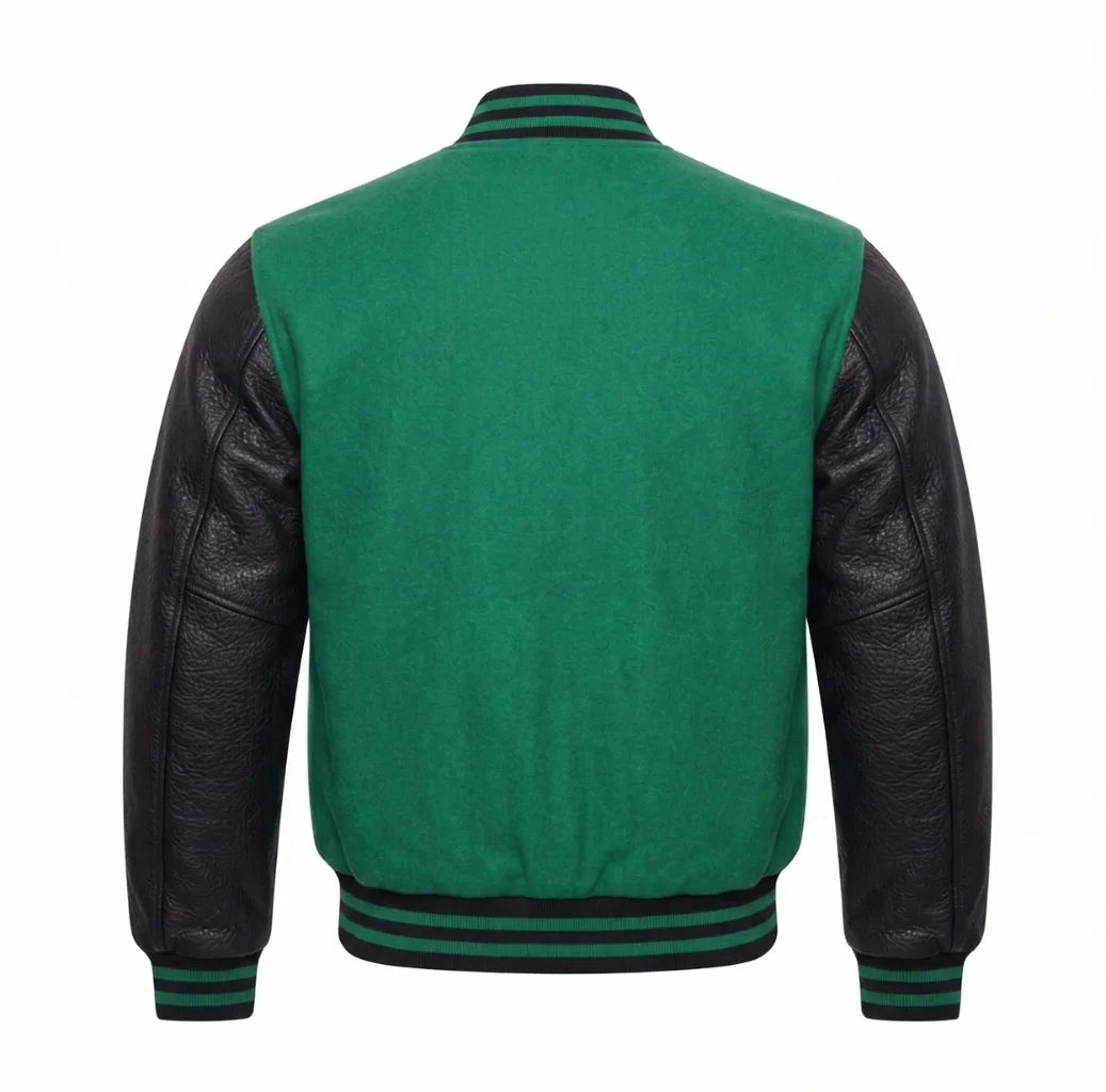 Emerald Green and Black Varsity Jacket Back View
