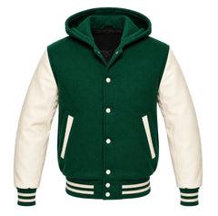 Emerald Green and Cream Letterman Jacket with Hood