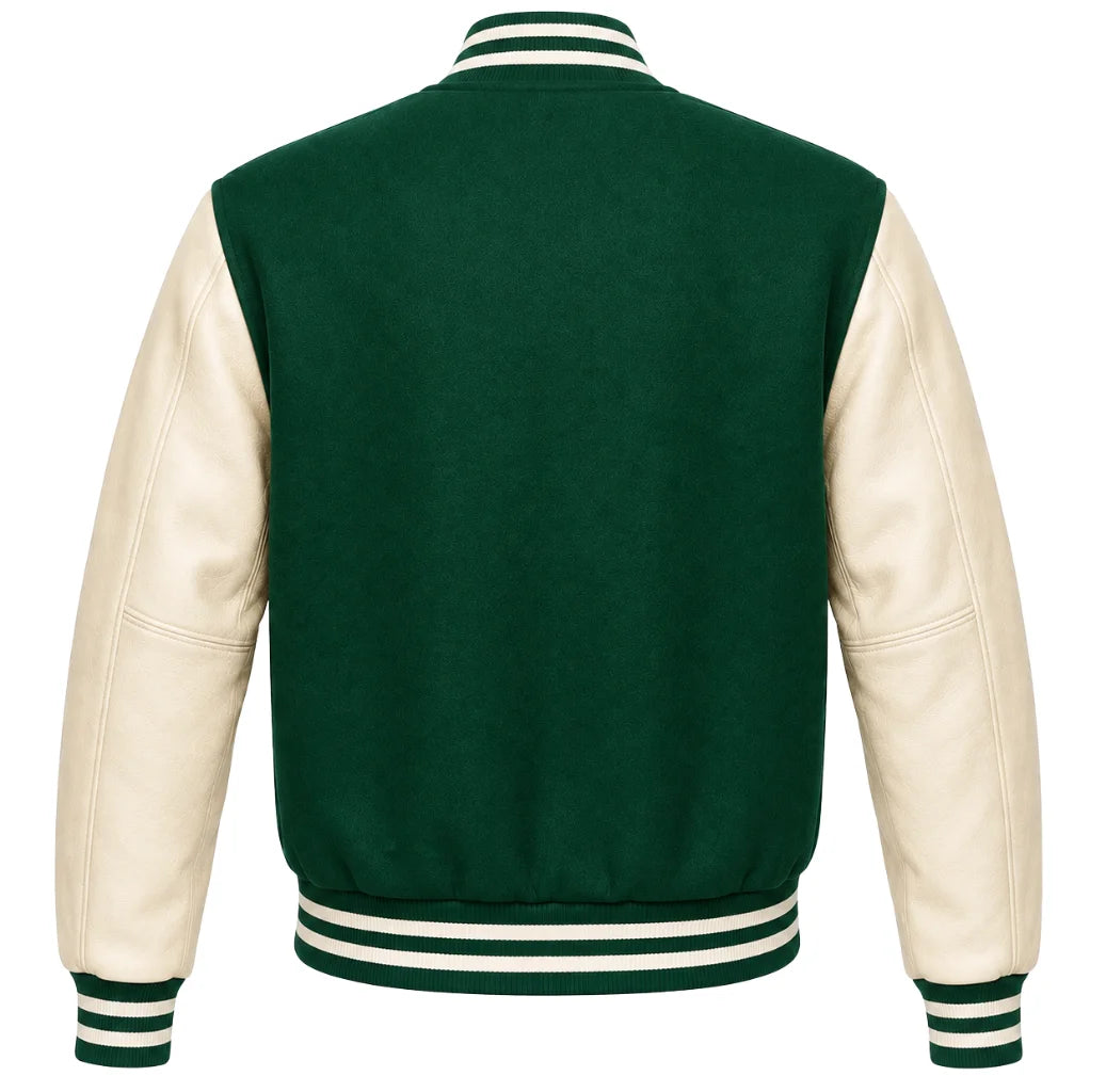 Emerald green wool varsity jacket with cream leather sleeves, back view