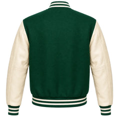 Emerald green wool varsity jacket with cream leather sleeves, back view