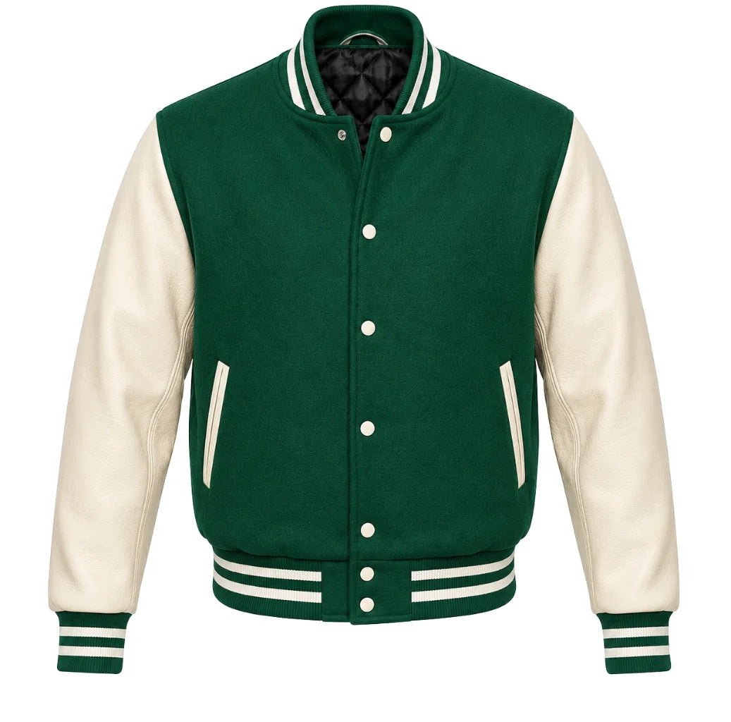 Emerald green melton wool varsity jacket with cream cowhide sleeves, front view