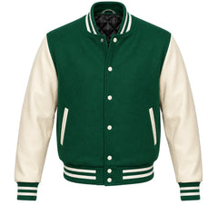 Emerald green melton wool varsity jacket with cream cowhide sleeves, front view