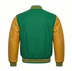 Emerald Green and Gold Varsity Jacket with Wool Body and Leather Sleeves Back View