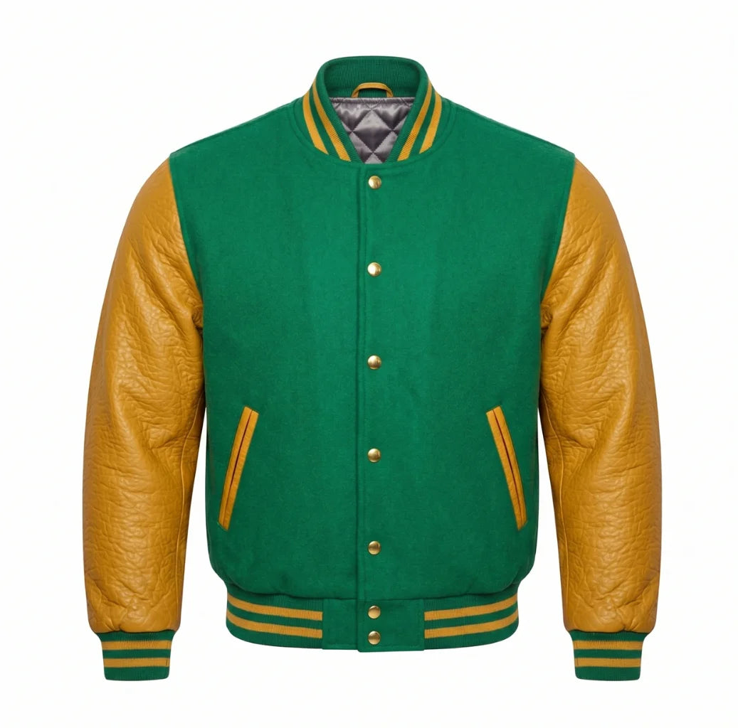 Emerald Green and Gold Varsity Jacket with Wool Body and Leather Sleeves