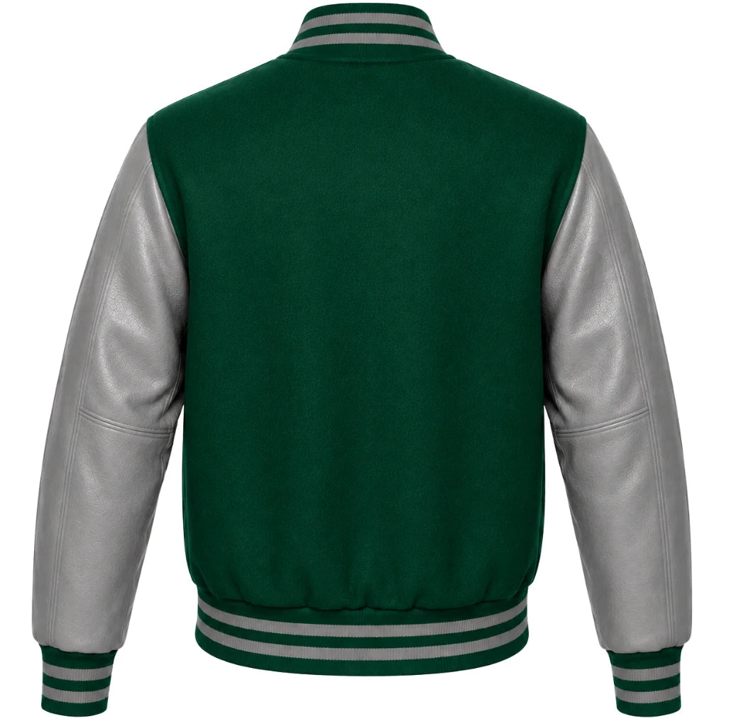 Emerald green wool letterman jacket with grey cowhide sleeves, back view