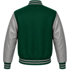 Emerald green wool letterman jacket with grey cowhide sleeves, back view