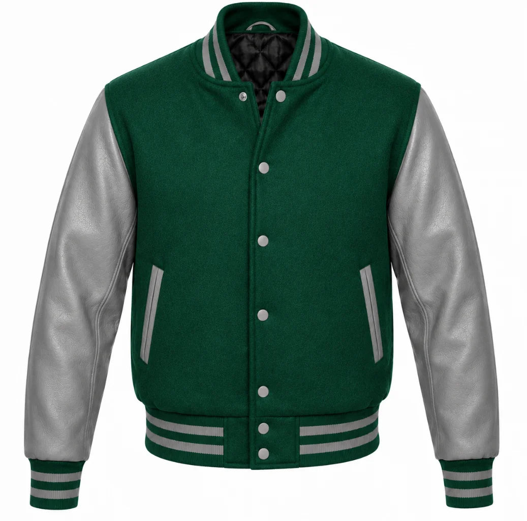 Emerald green melton wool letterman jacket with grey leather sleeves, front view