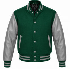 Emerald green melton wool letterman jacket with grey leather sleeves, front view