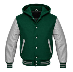 Emerald Green and Grey Varsity Jacket with Hood
