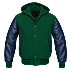 Emerald Green and Navy Blue Hooded Varsity Jacket