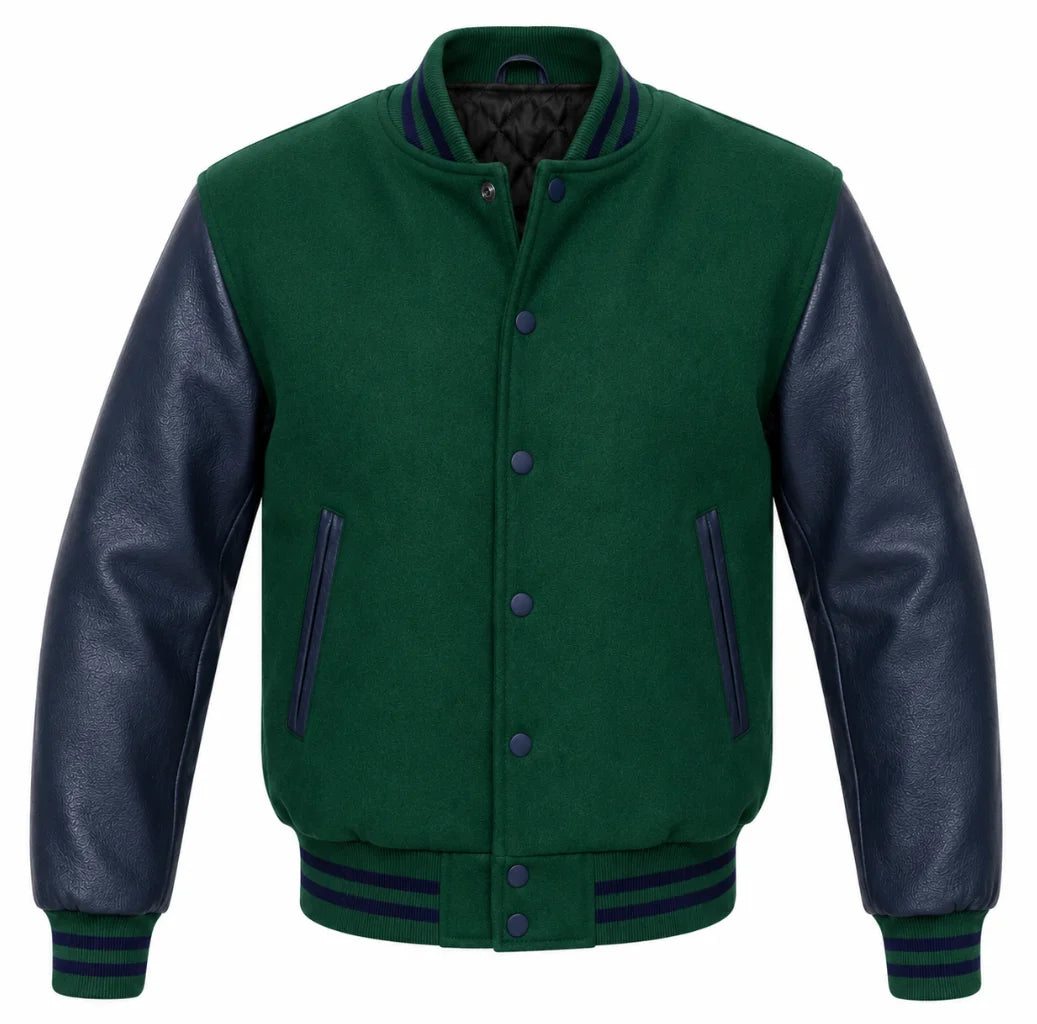 Emerald green melton wool varsity jacket with navy blue leather sleeves, front view