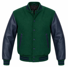 Emerald green melton wool varsity jacket with navy blue leather sleeves, front view