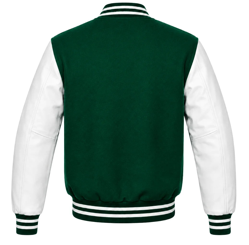Emerald green wool varsity jacket with white cowhide sleeves, back view