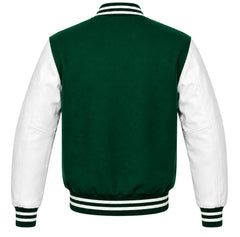 Emerald green wool varsity jacket with white cowhide sleeves, back view
