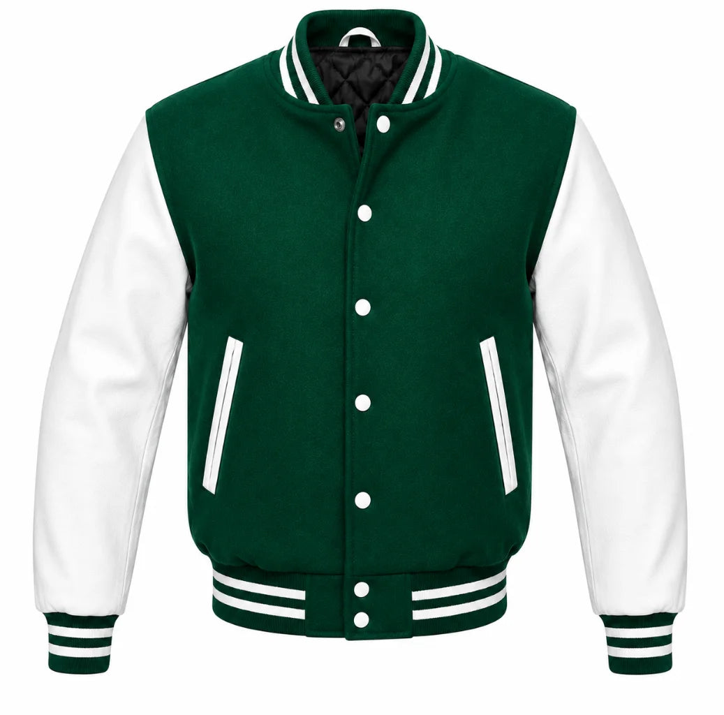 Emerald green melton wool varsity jacket with white leather sleeves, front view