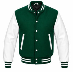 Emerald green melton wool varsity jacket with white leather sleeves, front view