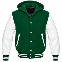 Emerald Green and White Varsity Jacket with Hood