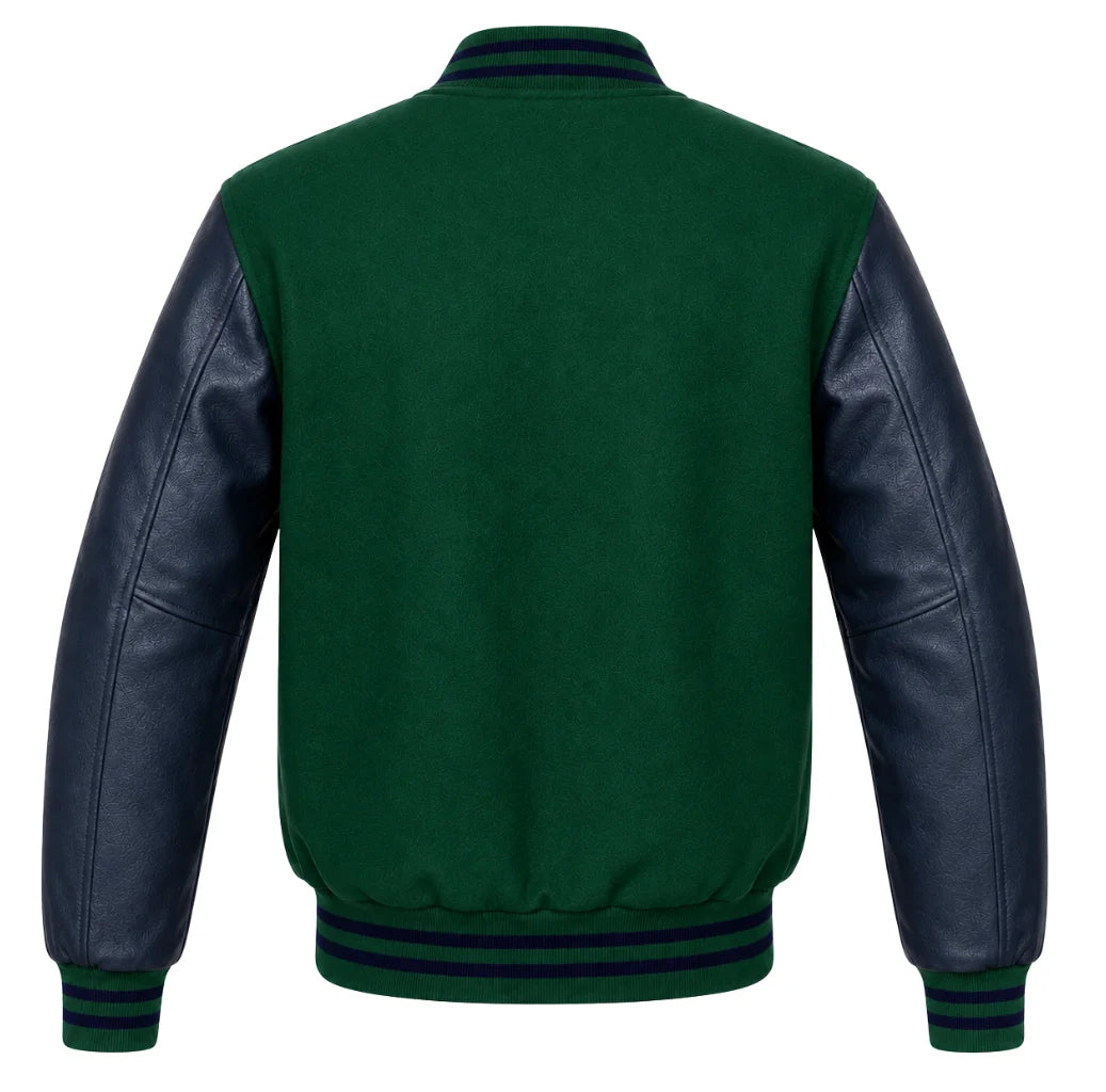 Emerald green wool varsity jacket with navy blue cowhide sleeves, back view