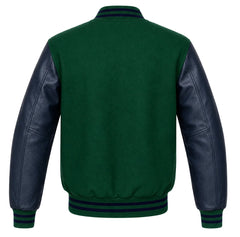Emerald green wool varsity jacket with navy blue cowhide sleeves, back view