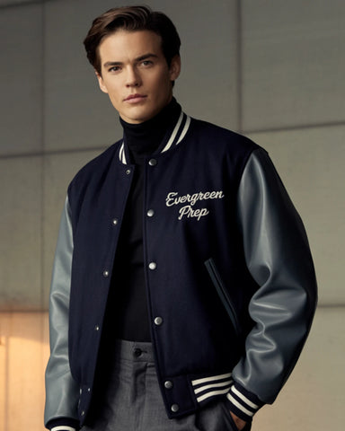 Person wearing a navy blue letterman jacket with 'Evergreen Prep' text, standing against a neutral background.