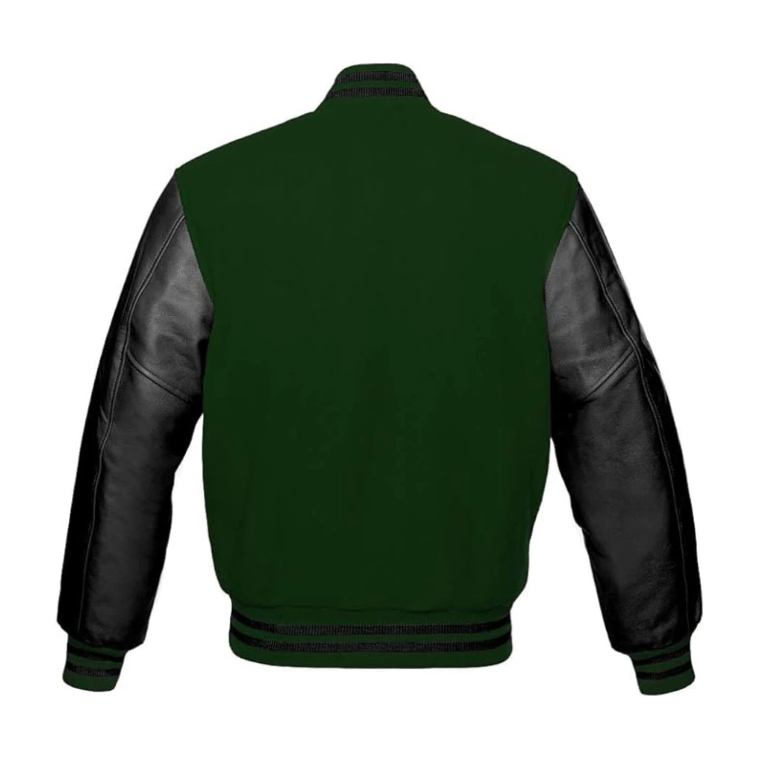 Forest Green Wool and Black Leather Varsity Jacket Back Side