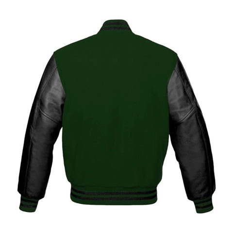 Forest Green Wool and Black Leather Varsity Jacket Back Side