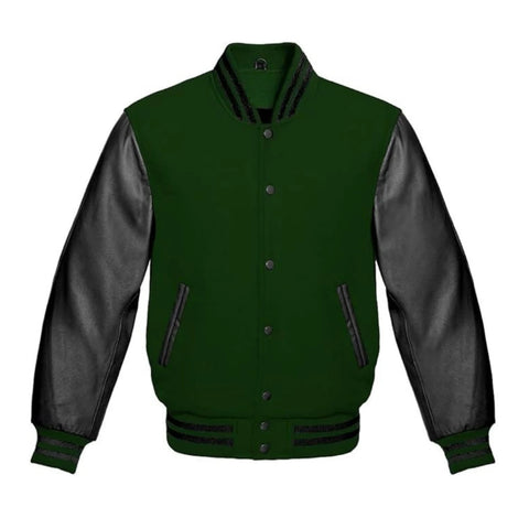 Forest Green Wool and Black Leather Varsity Jacket