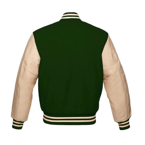 Forest Green Wool and Cream Leather Varsity Jacket Back Side