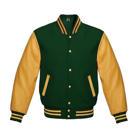 Forest Green Wool and Gold Leather Varsity Jacket