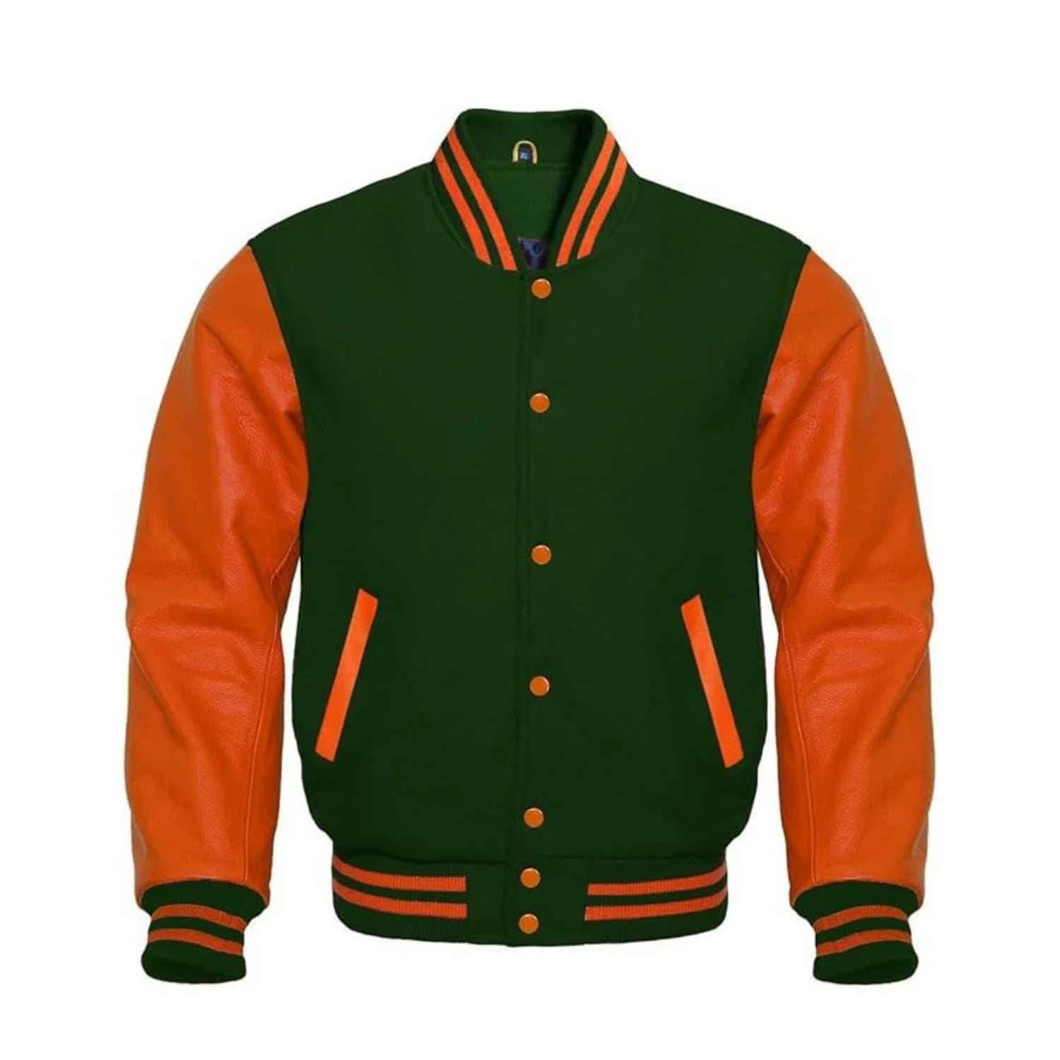 Forest Green Wool and Orange Leather Varsity Jacket