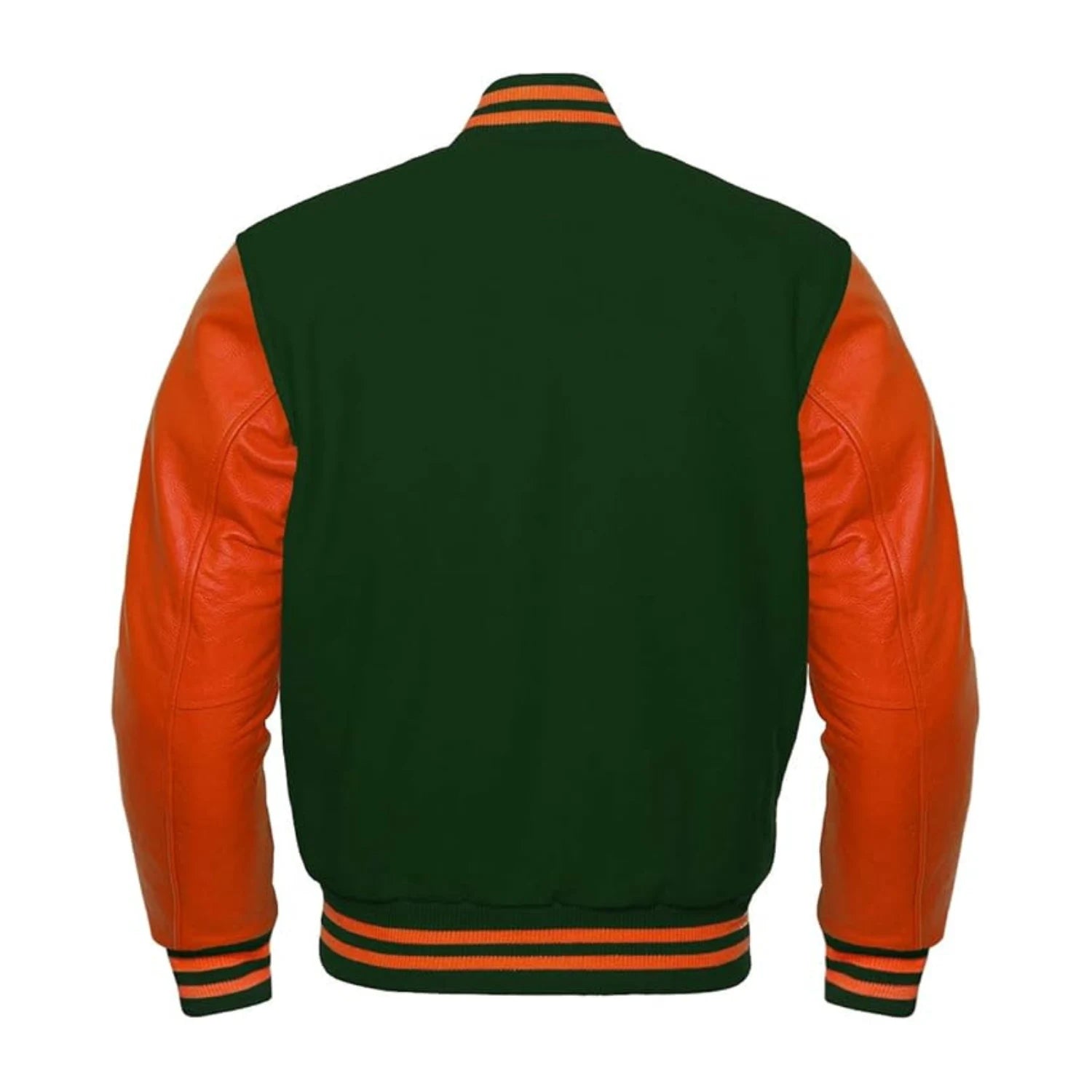 Forest Green Wool and Orange Leather Varsity Jacket Back Side