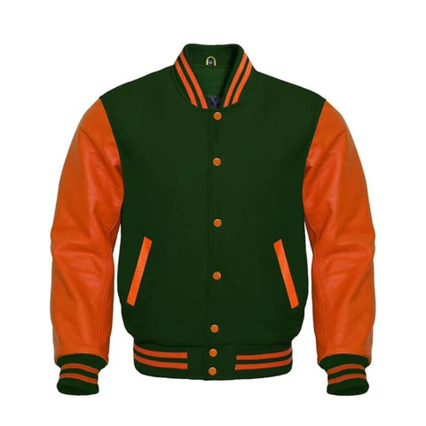 Forest Green Wool and Orange Leather Varsity Jacket