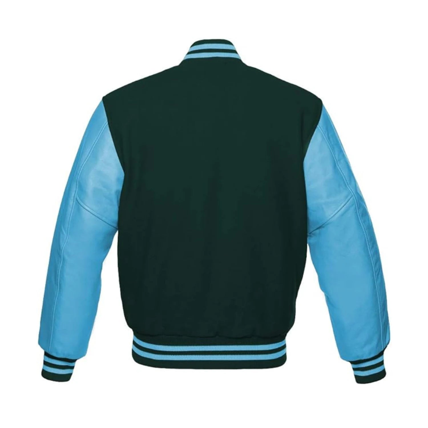 Forest Green Wool and Sky Leather Varsity Jacket Back Side