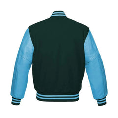 Forest Green and Sky Blue Varsity Jacket with Wool Body and Leather Sleeves Back Side