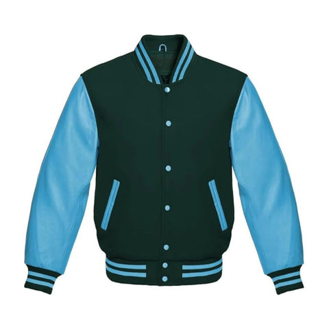 Forest Green Wool and Sky Leather Varsity Jacket
