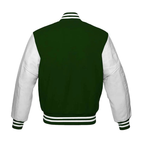 Forest Green Wool and White Leather Varsity Jacket Back Side
