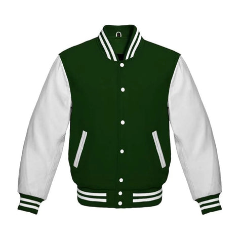 Forest Green Wool and White Leather Varsity Jacket