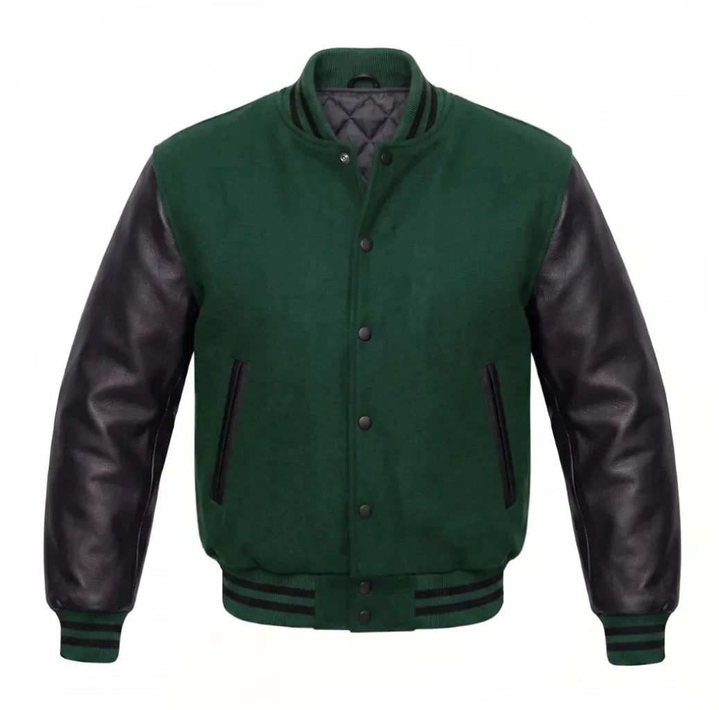 Forest Green and Black Varsity Jacket with Wool Body and Leather Sleeves
