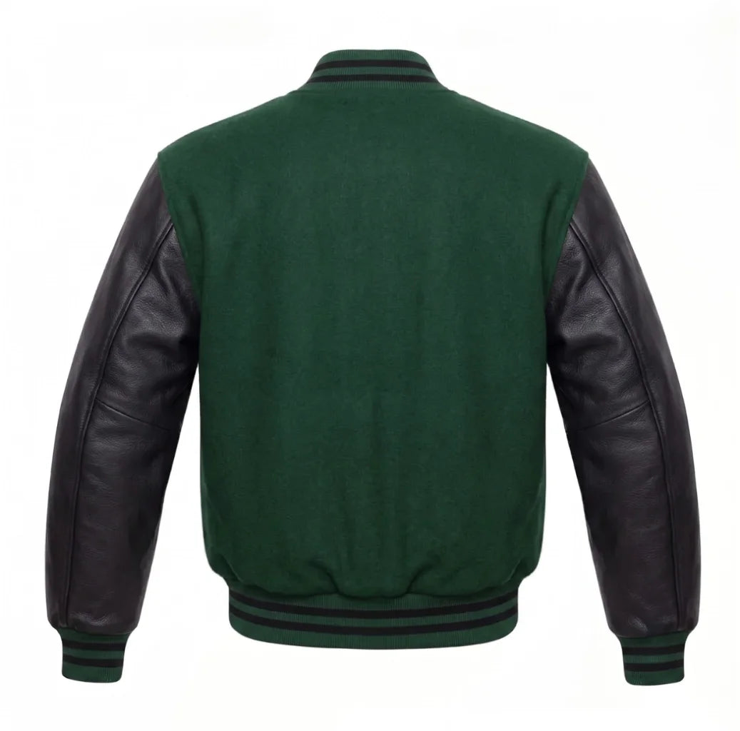 Forest Green and Black Varsity Jacket with Wool Body and Leather Sleeves Back View