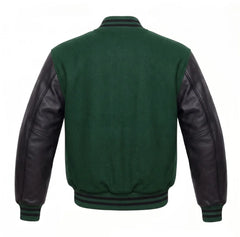 Forest Green and Black Varsity Jacket with Wool Body and Leather Sleeves Back View