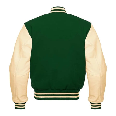 Forest Green and Cream Varsity Jacket with Wool Body and Leather Sleeves Back Side