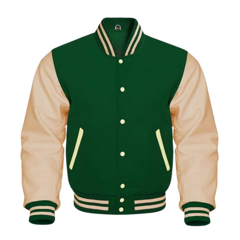 Forest Green and Cream Varsity Jacket with Wool Body and Leather Sleeves