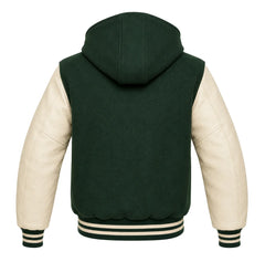 Forest Green and Cream Varsity Jacket with Hood