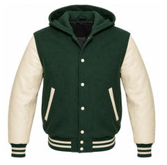 Forest Green and Cream Varsity Jacket with Hood