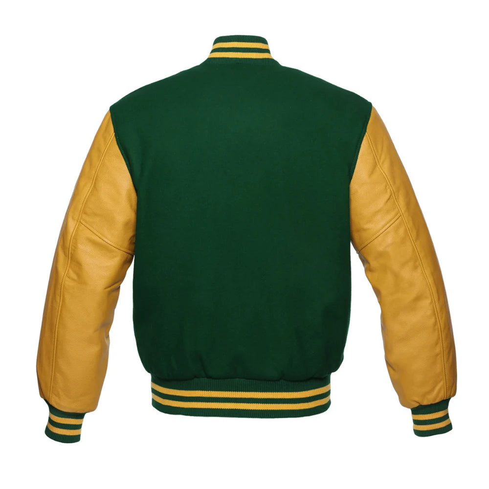 Forest Green and Gold Varsity Jacket with Wool Body and Leather Sleeves Back Side