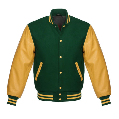 Forest Green and Gold Varsity Jacket with Wool Body and Leather Sleeves
