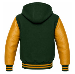 Forest Green and Gold Varsity Jacket with Hood