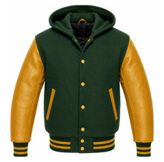 Forest Green and Gold Varsity Jacket with Hood