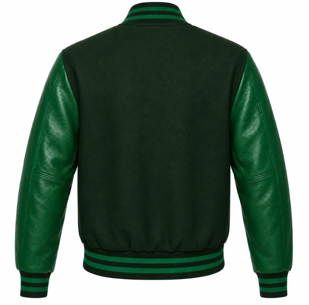 Tonal forest green wool varsity jacket with green cowhide sleeves, back view