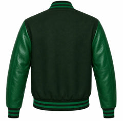 Tonal forest green wool varsity jacket with green cowhide sleeves, back view